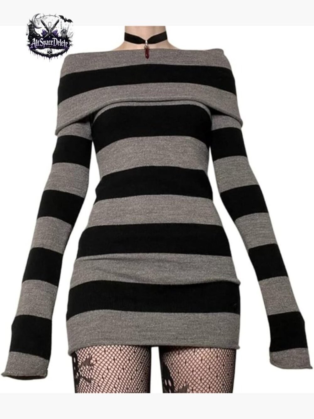 Long Sleeve Off Shoulder Striped Bodycon Mini Dress Polyester Fitted
